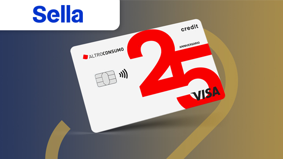 Carta di credito Altroconsumo 25° anniversario Visa su sfondo sfumato con logo Sella