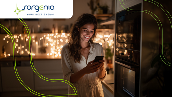 Sorgenia offerta luce gas fibra donna in casa con luci di natale