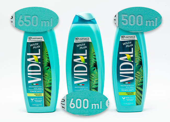Bagnodoccia Vidal tonificante al muschio bianco in confezioni da 650, 600 e 500 ml