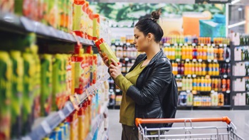 Donna sceglie un succo di frutta al supermercato