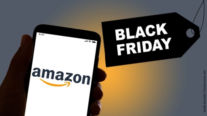 Smartphone con Amazon e cartello Black Friday