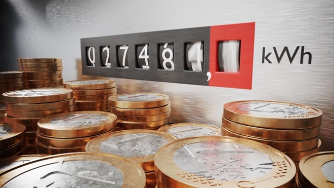 Contatore elettrico con kWh e monete da un euro