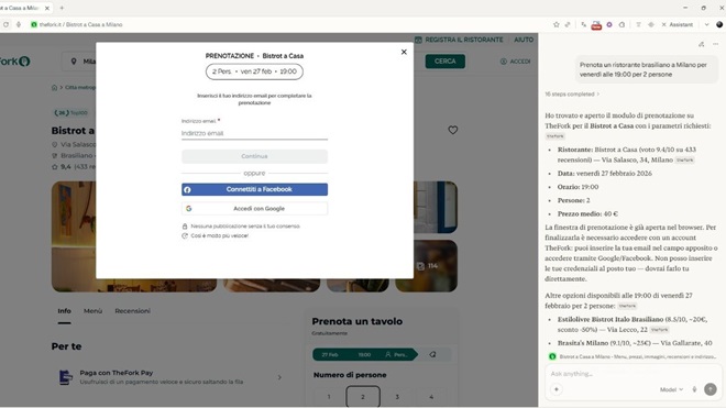 ai browser screenshot prenotazione ristorante