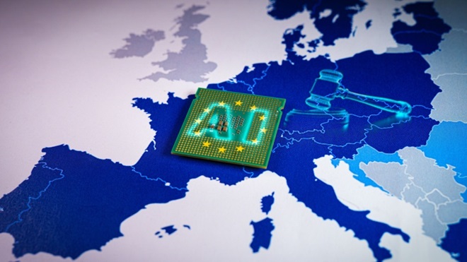 Mappa dell'Europa con scritta AI e simboli tribunale