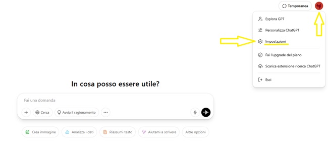 ChatGPT account impostazioni