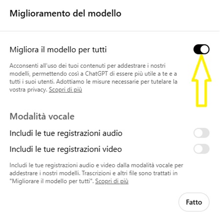 ChatGPT migliora modello per tutti disattiva