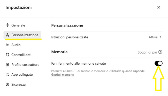ChatGPT disattiva memorie salvate