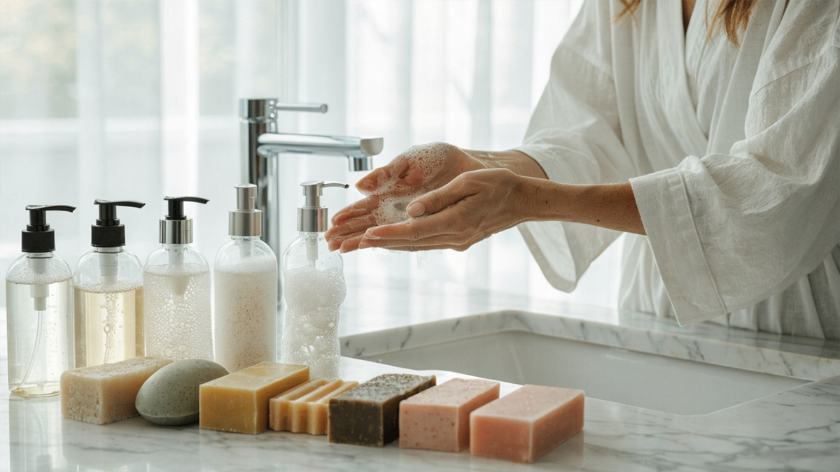 mani, barattoli sapone liquido e saponi solidi