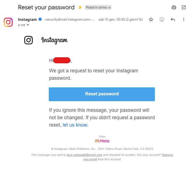 Mail instagram richiesta di resettare la password