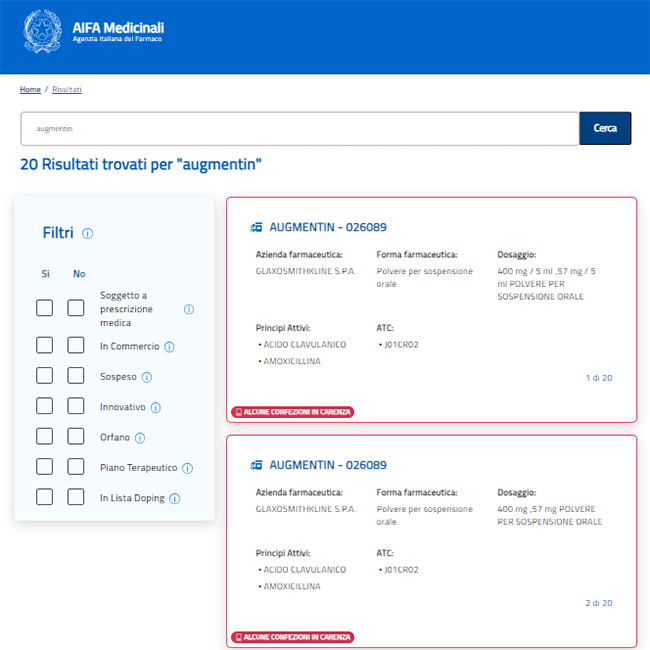 AIFA medicinali - pagina ricerca Augmentin