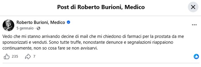 Post Facebook di Roberto Burioni sui video fake