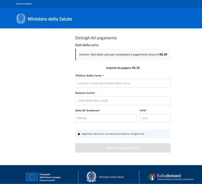 Falso sito Ministero Salute modulo pagamento