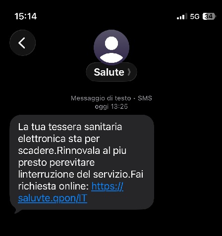Esempio di falso messaggio sul rinnovo della Tessera sanitaria