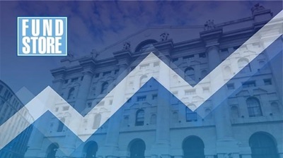 icona fundstore su immagine di grafico in salita e palazzo 