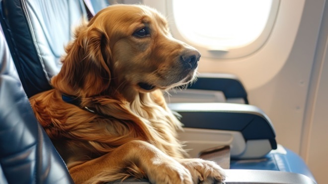 Cane seduto in aereo