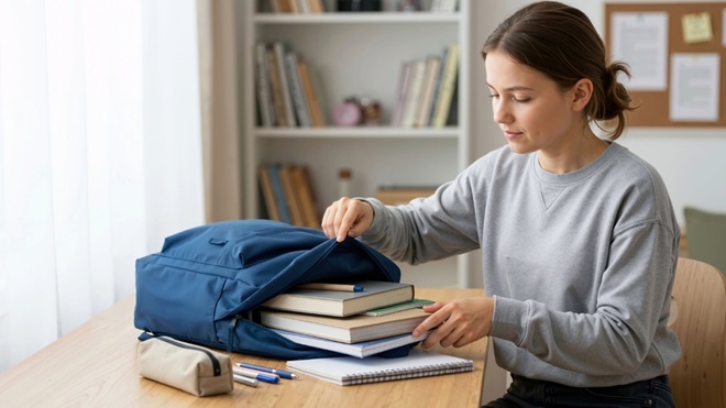 Studentessa inserisce i libri nello zaino