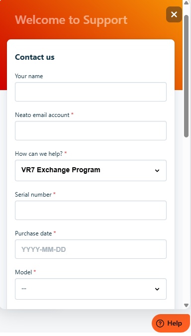 Schermata per assistenza Neato