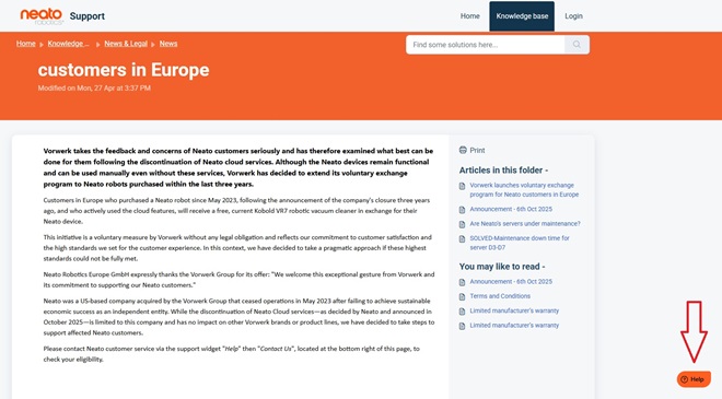 Schermata per assistenza Neato