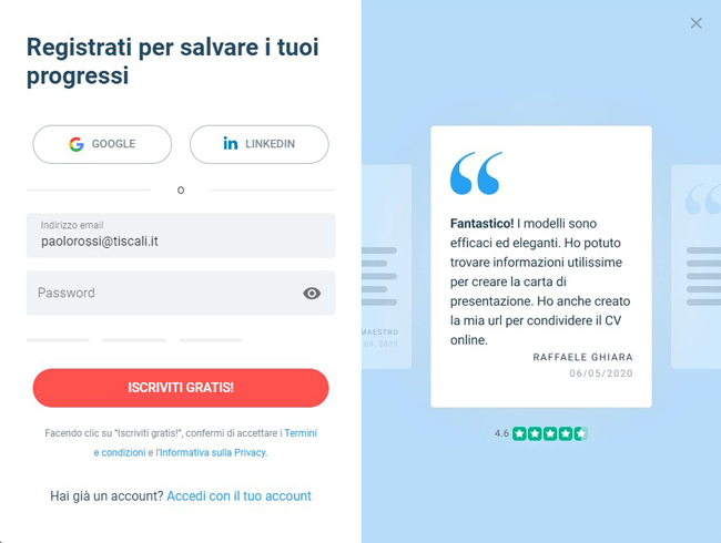 Schermata del sito onlinecv.
