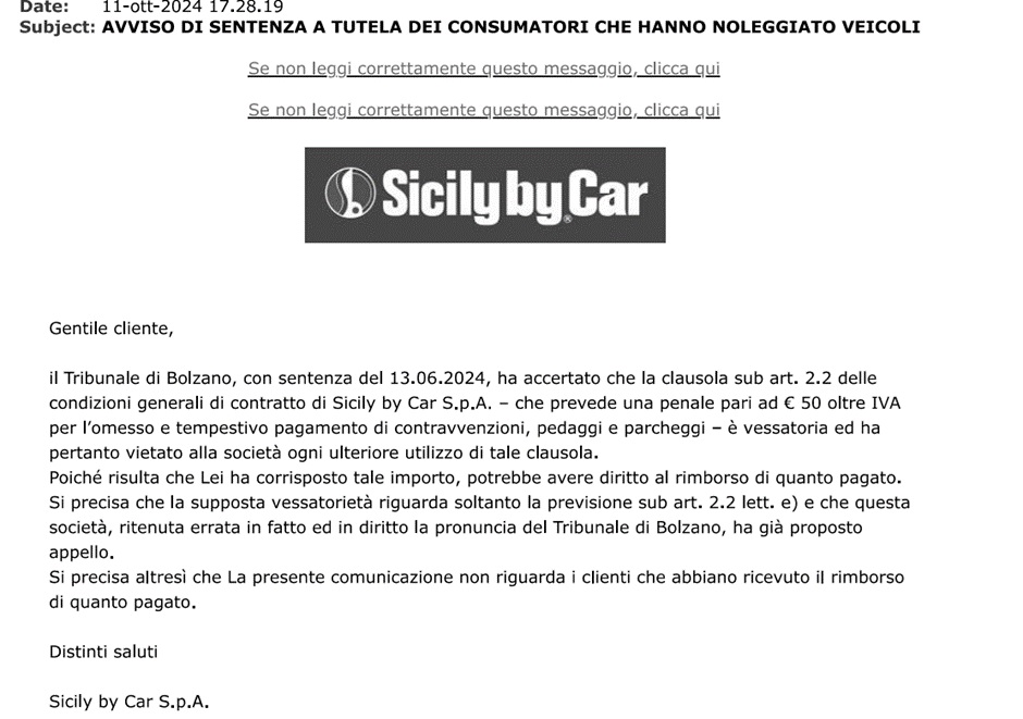 Avviso rimborso Sicily By Car