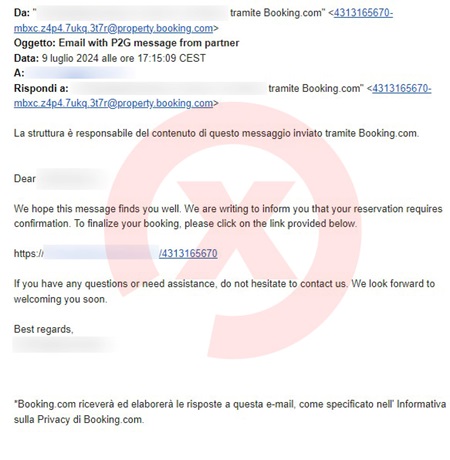 Email truffa finto Booking