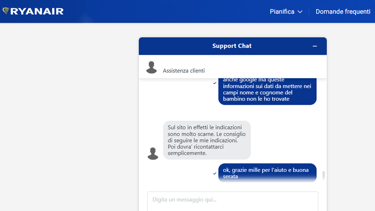 chat operatore ryanair