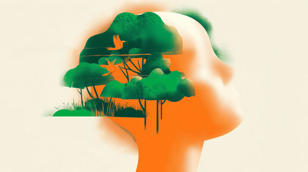 testa stilizzata e alberi al posto del cervello