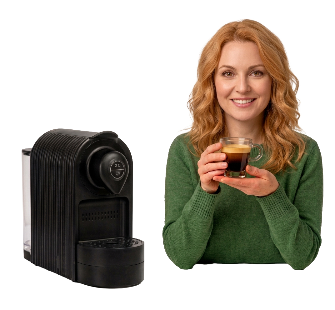 Persona con caffè in mano e macchina per il caffè espresso