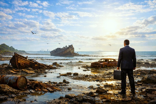 Quando la marea si ritira, il paesaggio cambia e, dove prima c’era solo acqua, emergono detriti e relitti.